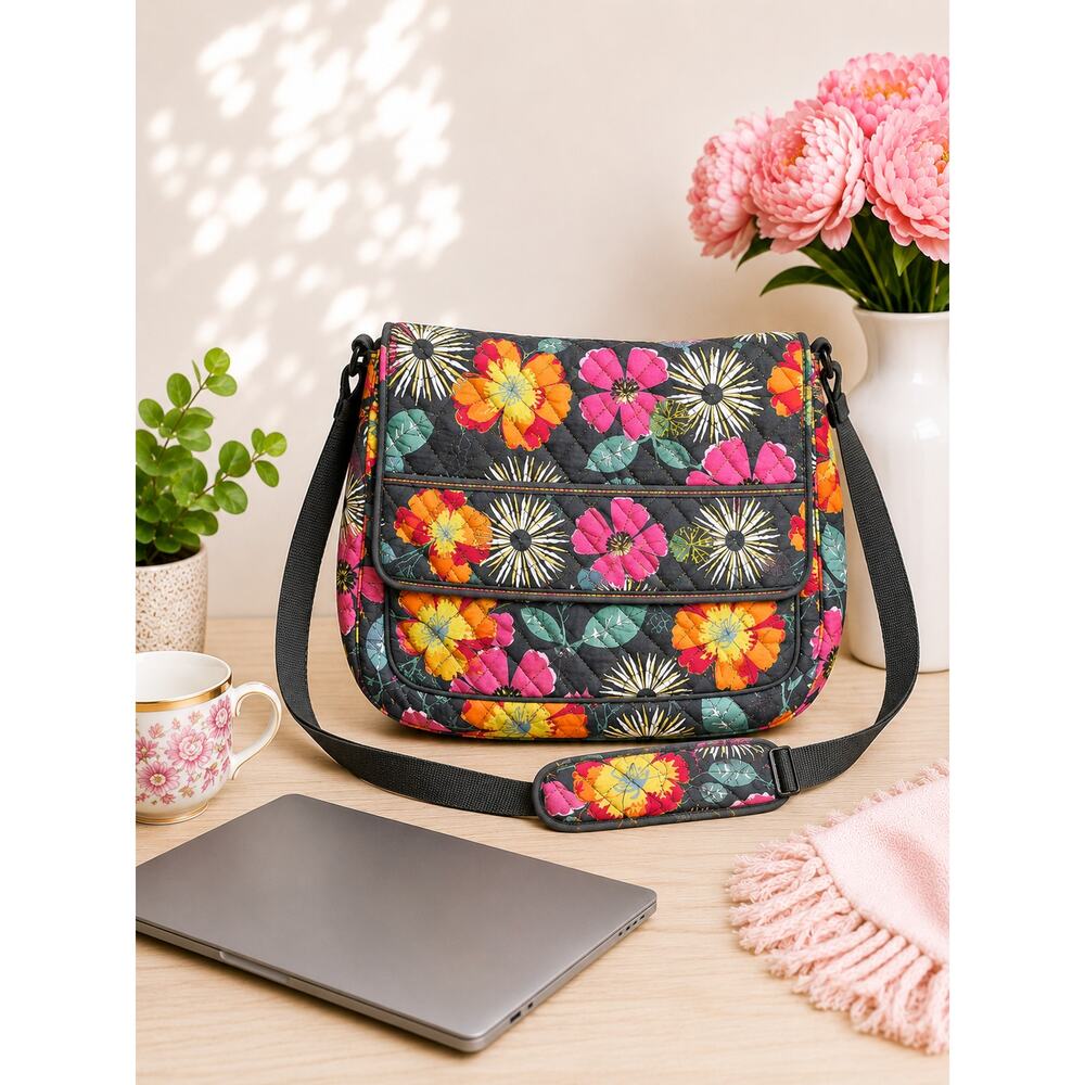 VERA BRADLEY Quilted Floral Laptop Messenger Bag Charcoal Pink Orange